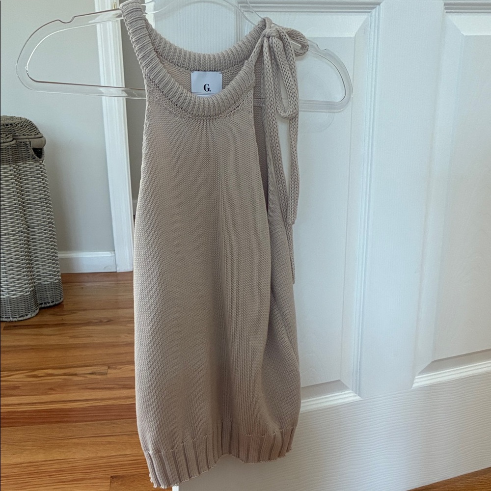 G. Off-the-Shoulder Tie-Strap Knit Tank Sweater in Beige